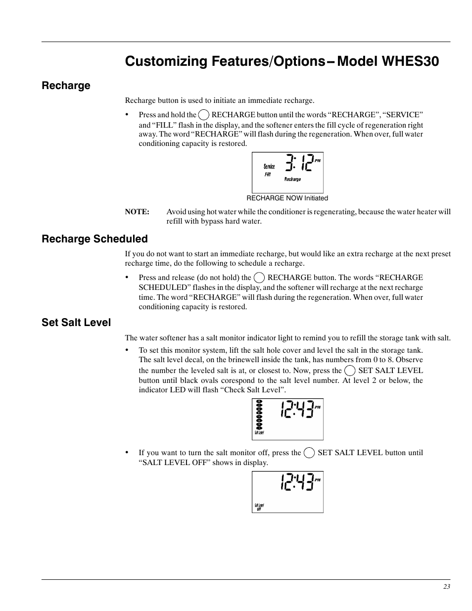 Customizing features/options-- model whes30, Recharge, Recharge scheduled | Set salt level | Whirlpool WHES30 User Manual | Page 23 / 39