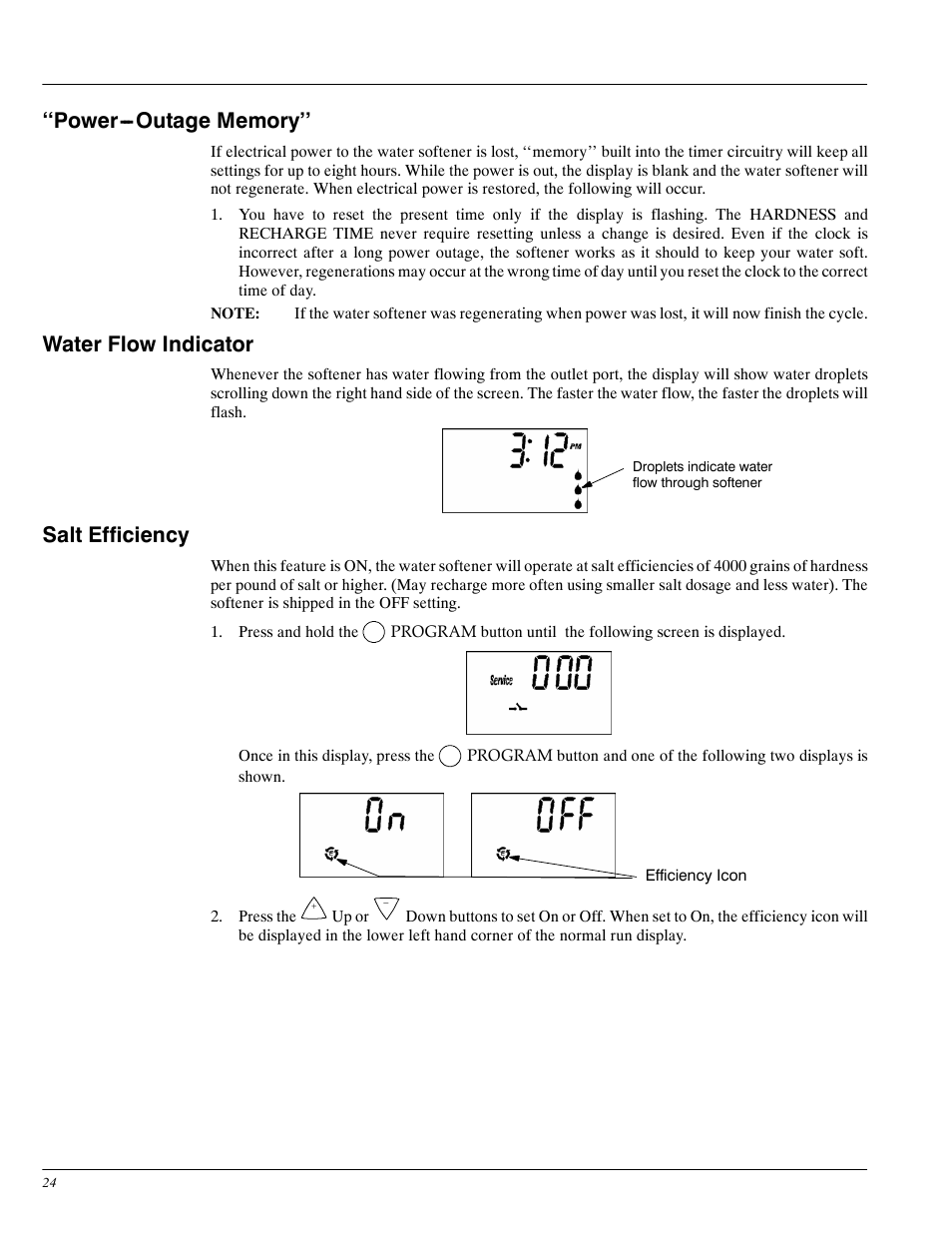 Water flow indicator, Salt efficiency | Whirlpool WHES30 User Manual | Page 24 / 39