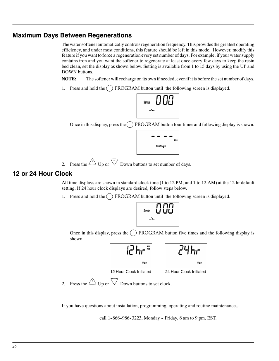 Maximum days between regenerations, 12 or 24 hour clock | Whirlpool WHES30 User Manual | Page 26 / 39