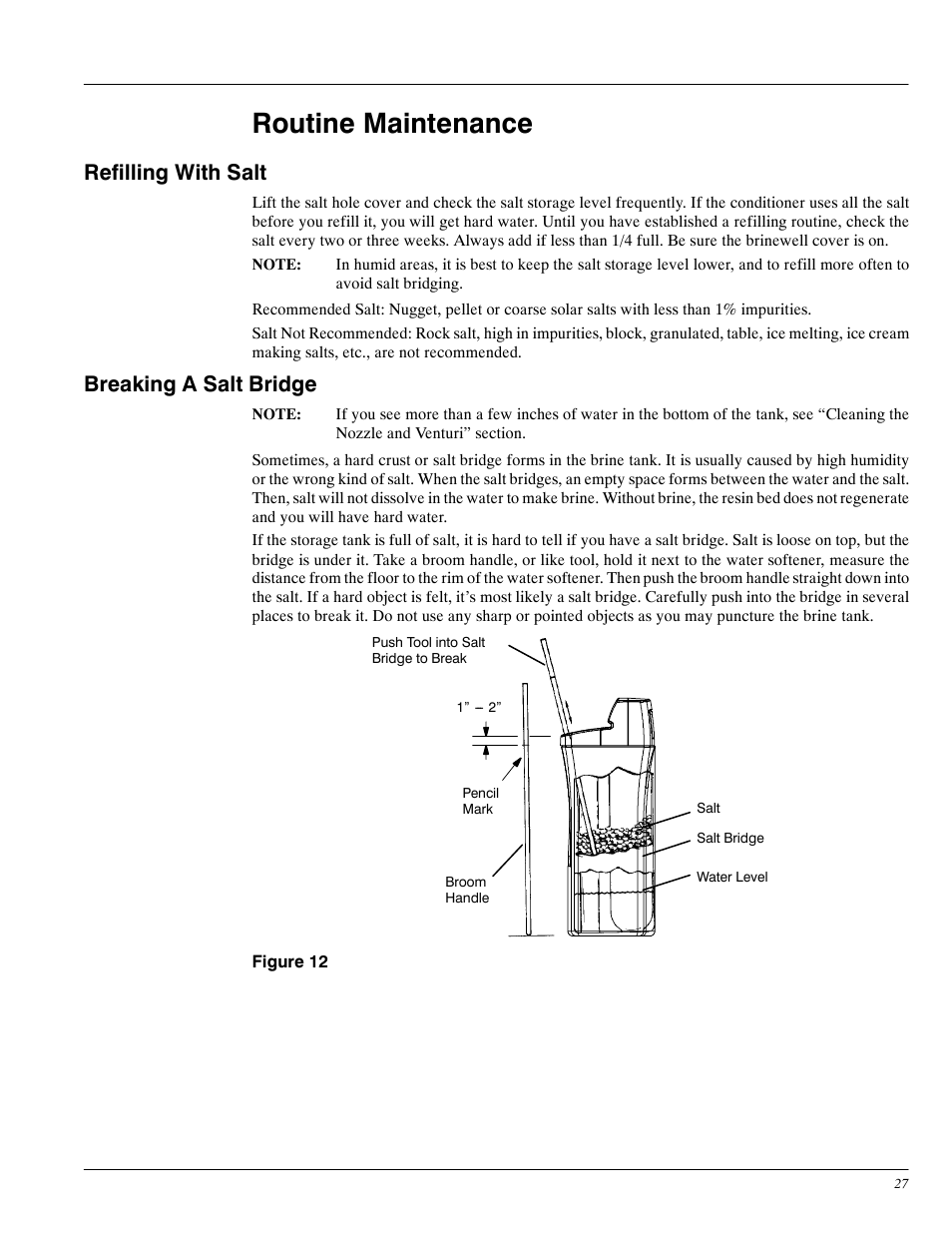 Routine maintenance, Refilling with salt, Breaking a salt bridge | Whirlpool WHES30 User Manual | Page 27 / 39