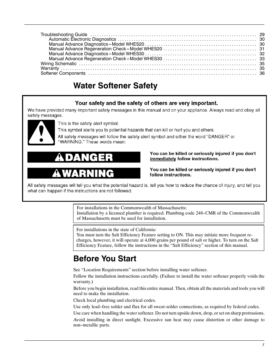 Water softener safety, Before you start | Whirlpool WHES30 User Manual | Page 3 / 39