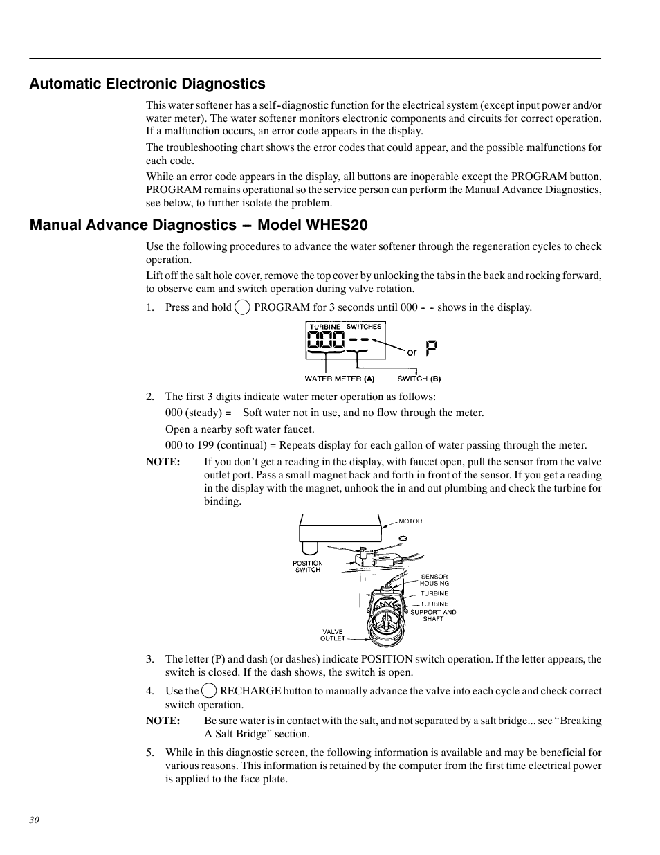 Automatic electronic diagnostics, Manual advance diagnostics --- model whes20 | Whirlpool WHES30 User Manual | Page 30 / 39