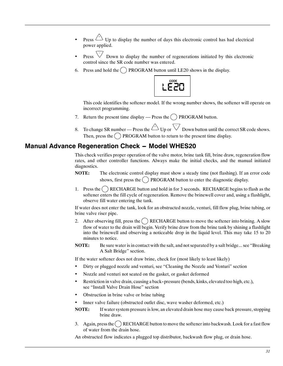 Manual advance regeneration check --- model whes20 | Whirlpool WHES30 User Manual | Page 31 / 39