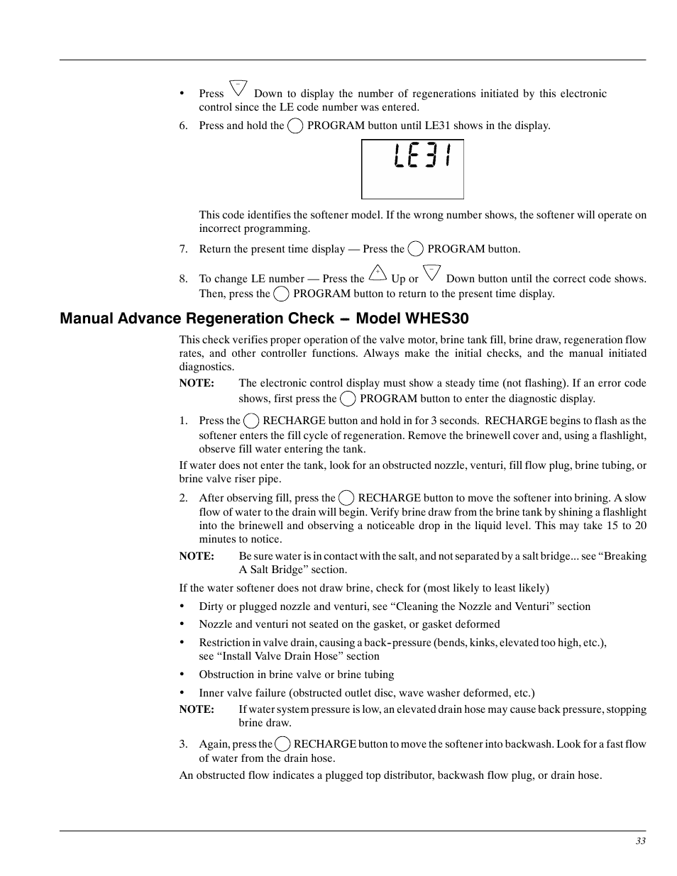 Manual advance regeneration check --- model whes30 | Whirlpool WHES30 User Manual | Page 33 / 39