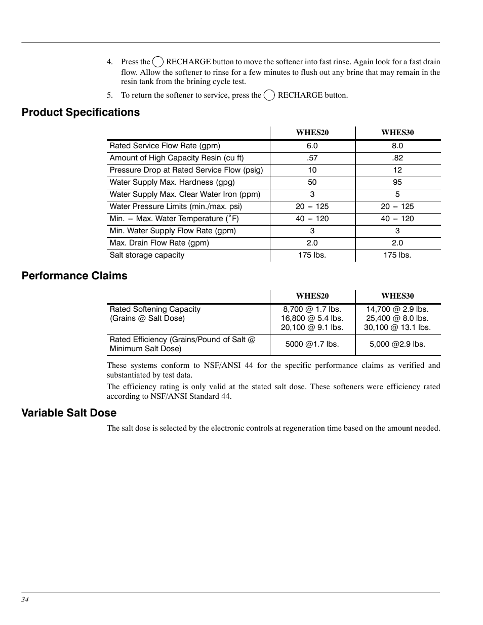 Product specifications, Performance claims, Variable salt dose | Whirlpool WHES30 User Manual | Page 34 / 39