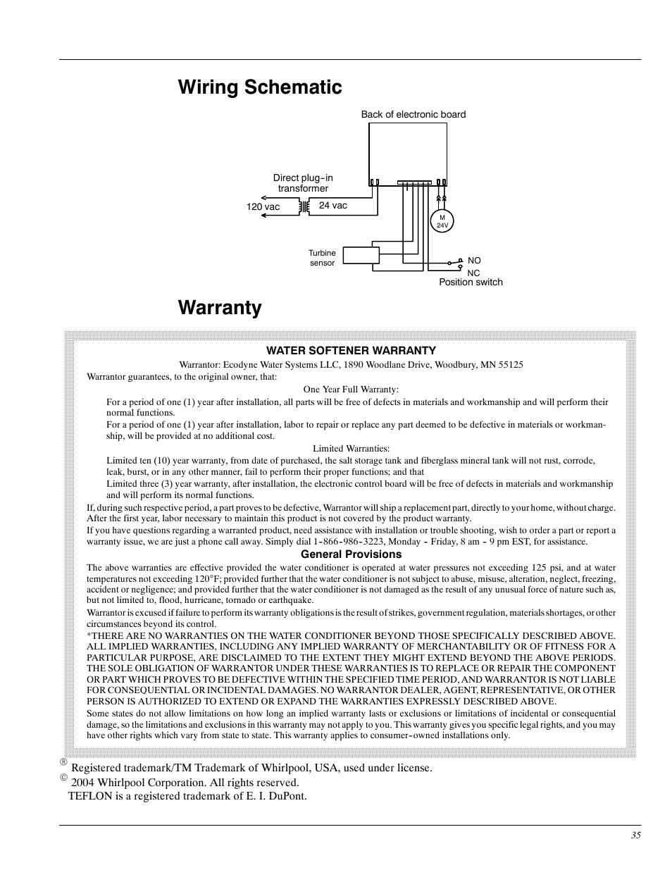 Wiring schematic, Warranty | Whirlpool WHES30 User Manual | Page 35 / 39