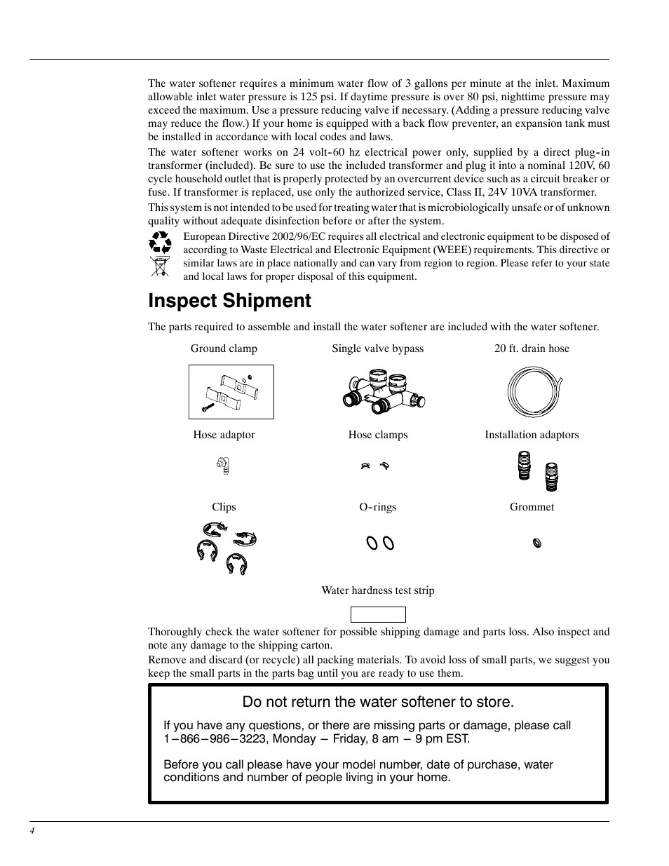 Inspect shipment, Do not return the water softener to store | Whirlpool WHES30 User Manual | Page 4 / 39