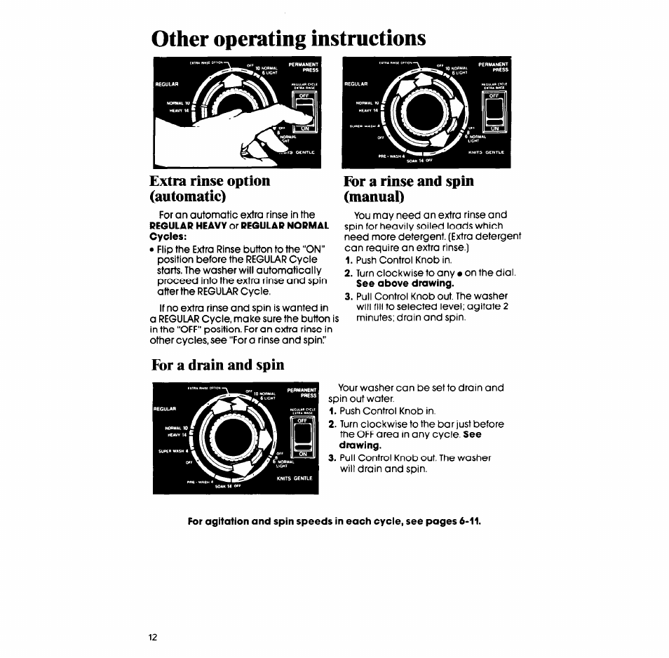 Other operating instructions, For a drain and spin, Extra rinse option (automatic) | For a rinse and spin (manual), V\sssi^/r im | Whirlpool LA609OXS User Manual | Page 12 / 20
