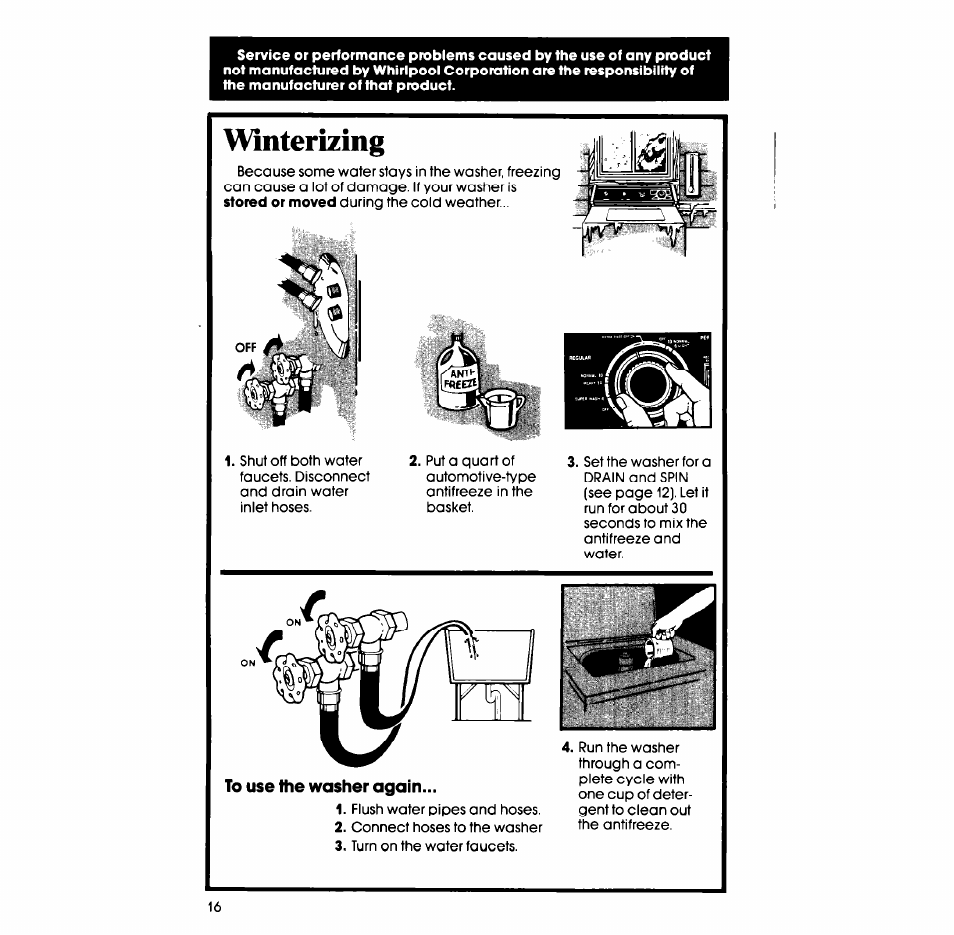 Wnterizing, To use the washer again | Whirlpool LA609OXS User Manual | Page 16 / 20