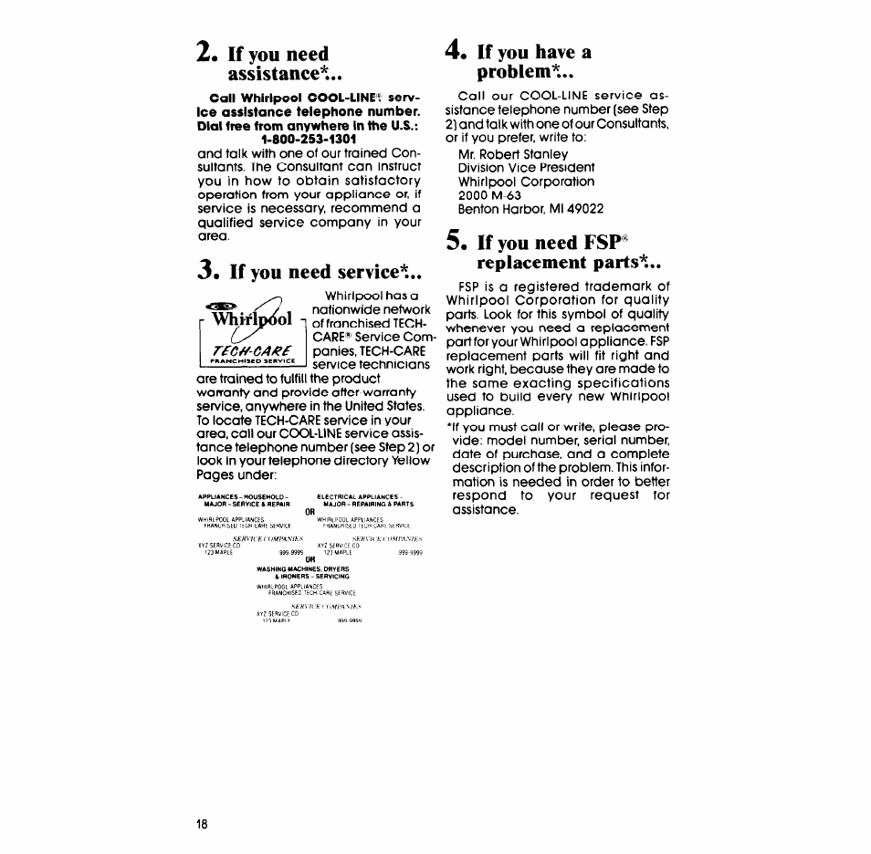 If you need assistance, If you need service, 4« if you have a problem | If you need fsp® replacement parts, If you have a problem | Whirlpool LA609OXS User Manual | Page 18 / 20