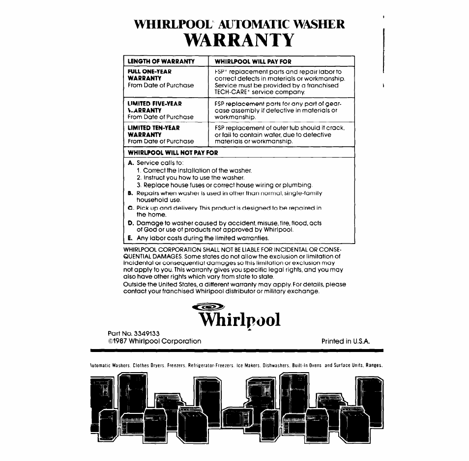 Warranty, Whirlpool, Whirlpool automatic washer | Whirlpool LA609OXS User Manual | Page 20 / 20