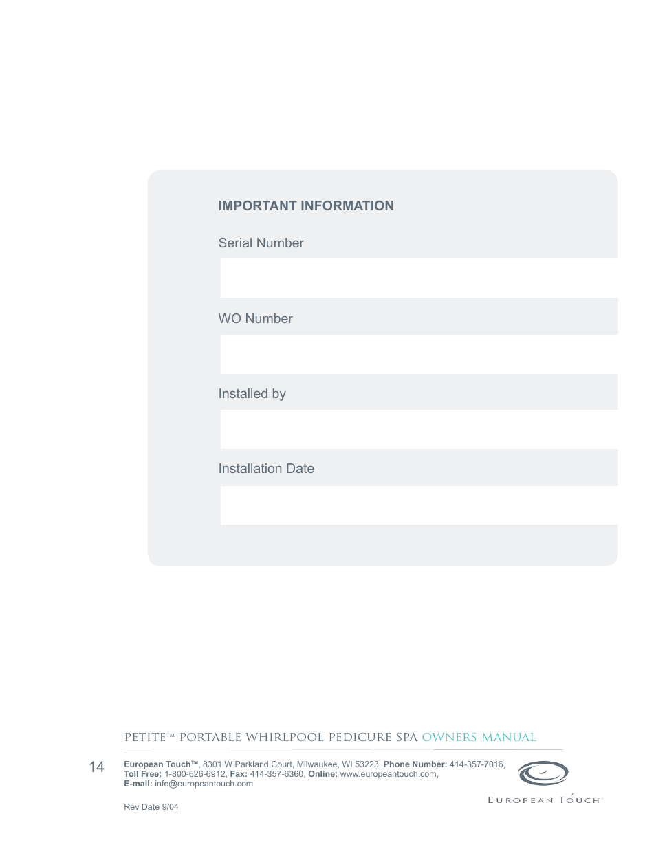 Whirlpool Petite Portable Pedicure Spa User Manual | Page 14 / 14