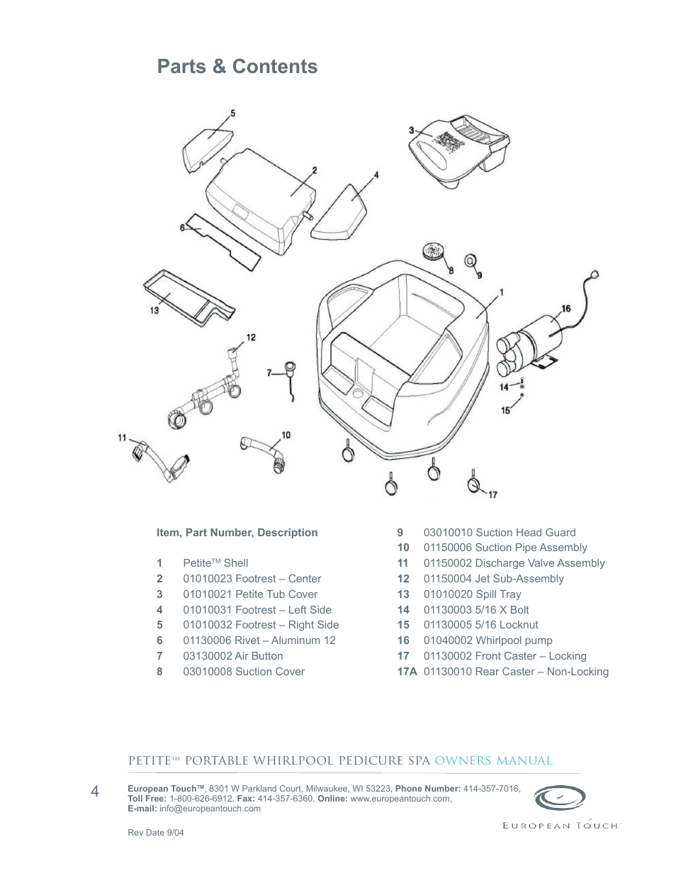 Parts & contents | Whirlpool Petite Portable Pedicure Spa User Manual | Page 4 / 14