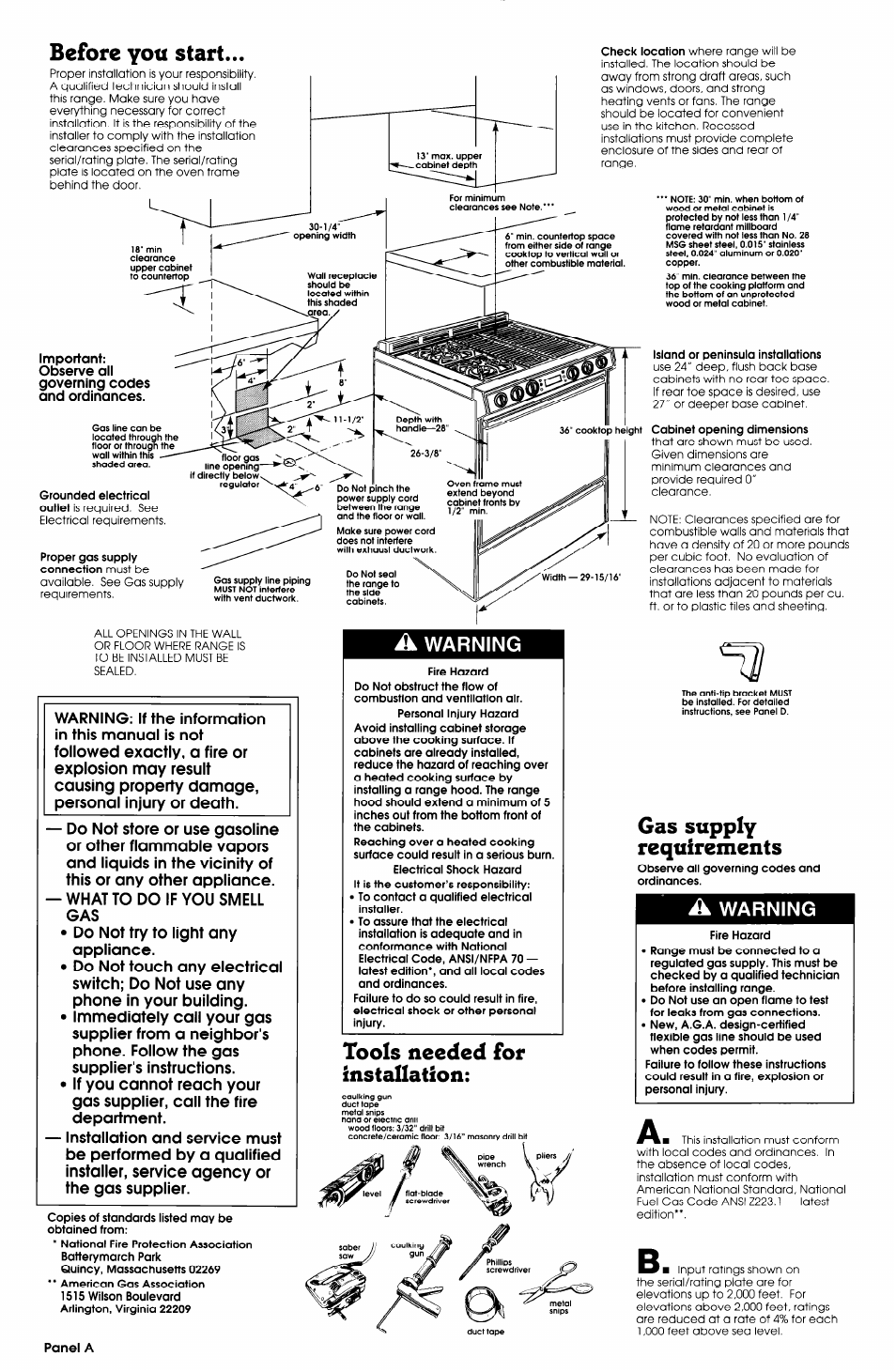 A. warning, A warning, Before yott start | Tools needed for installation, Gas supply requirements | Whirlpool SS373PEX1 User Manual | Page 2 / 7