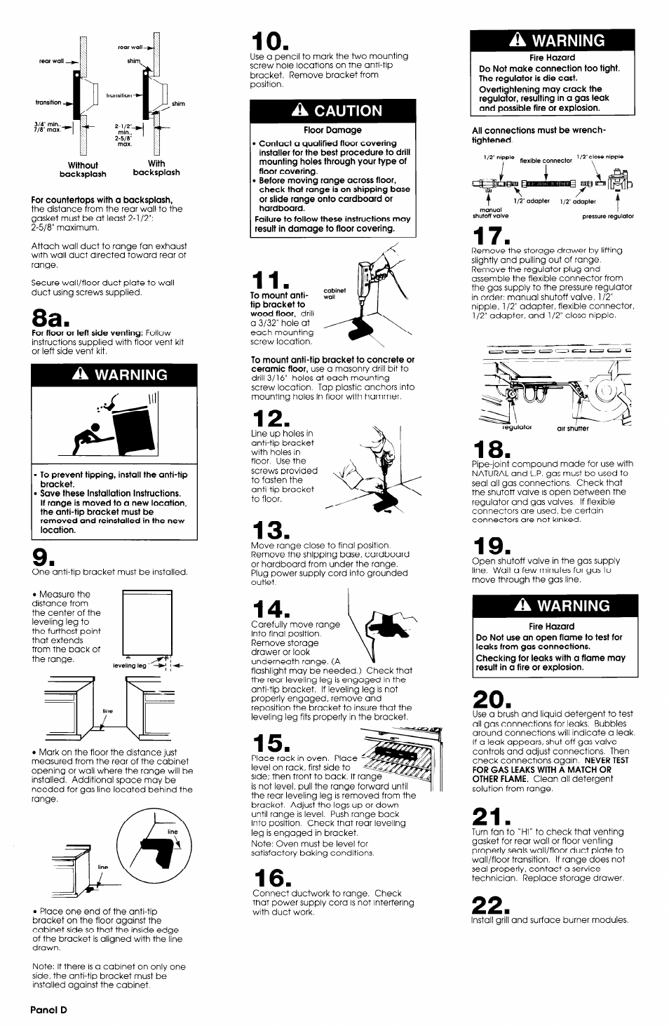 For countertops with a backsplash, A warning, To prevent tipping, install the anti-tip bracket | A caution, Floor damage, Fire hazard, Ail connections must be wrench- tightened | Whirlpool SS373PEX1 User Manual | Page 5 / 7