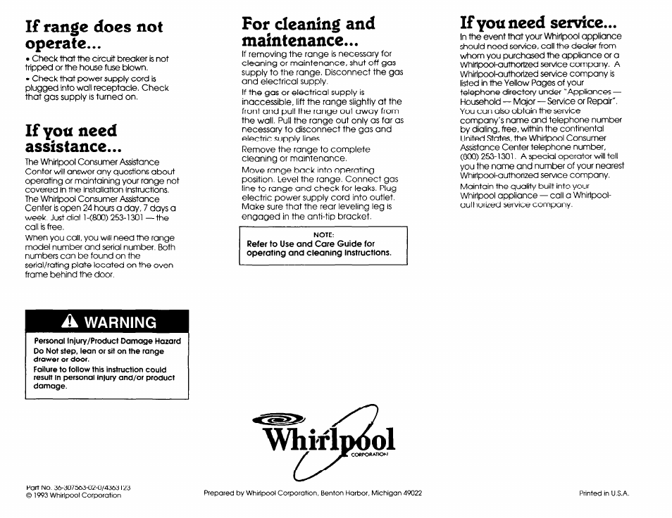 A warning, Whirl, If range does not operate | If you need assistance, For cleaning and maintenance, If you need service | Whirlpool SS373PEX1 User Manual | Page 7 / 7