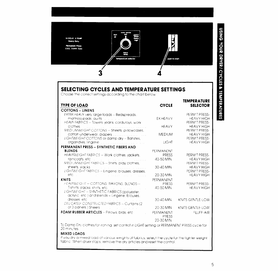 Selecting cycles and temperature settings, Temperature type of load cycle selector | Whirlpool 3LG5701XK User Manual | Page 5 / 8