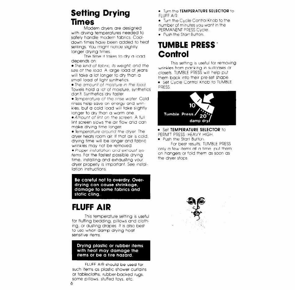 Setting drying, Tumble press control, Fluff air | Setting drying times, Tumble press- control, Rimes | Whirlpool 3LG5701XK User Manual | Page 6 / 8