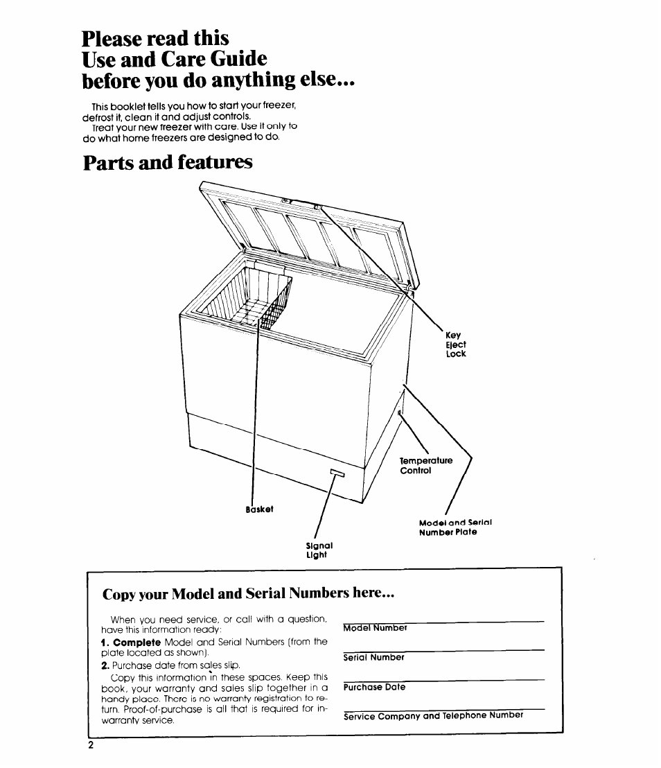 Copy your model and serial numbers here, Parts and features | Whirlpool EHOSOF User Manual | Page 2 / 12