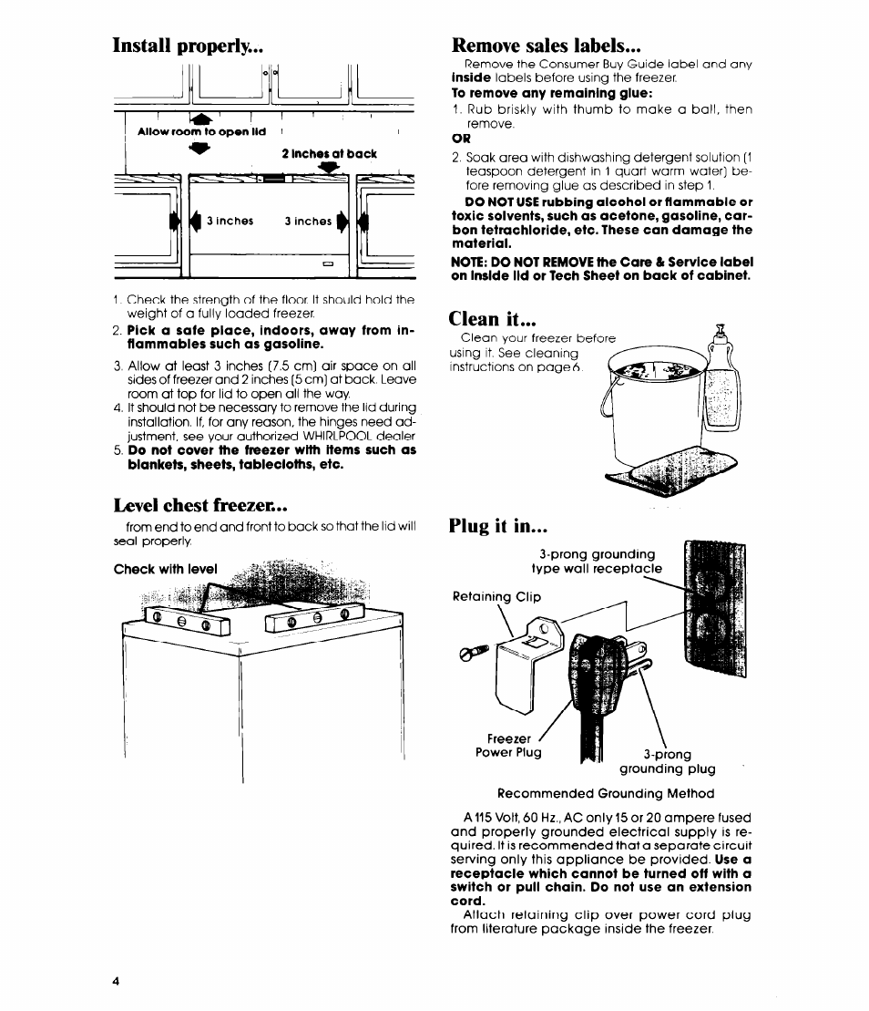 Install properly, Level chest freezer, Remove sales labels | Plug it in | Whirlpool EHOSOF User Manual | Page 4 / 12