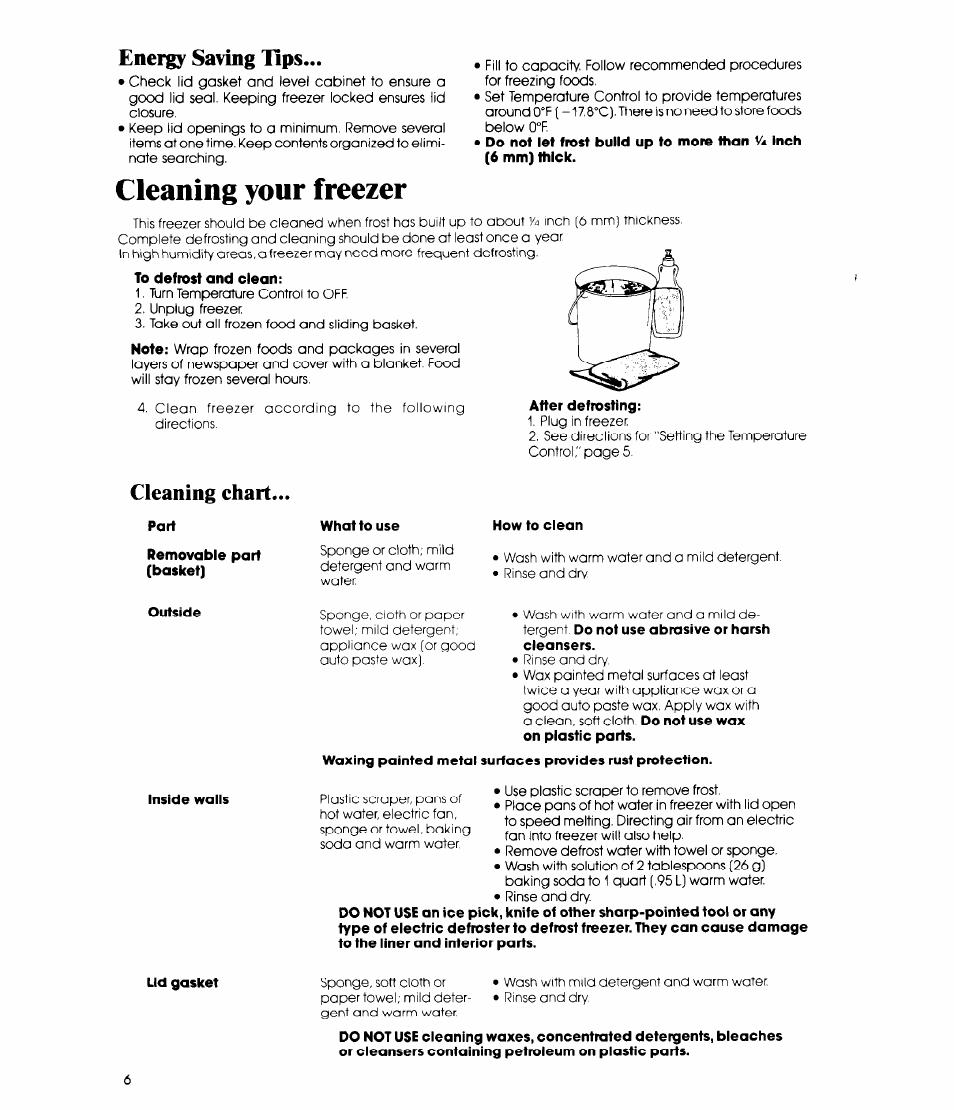 Energy saving ups, Cleaning chart, Energy saving tips | Cleaning your freezer | Whirlpool EHOSOF User Manual | Page 6 / 12