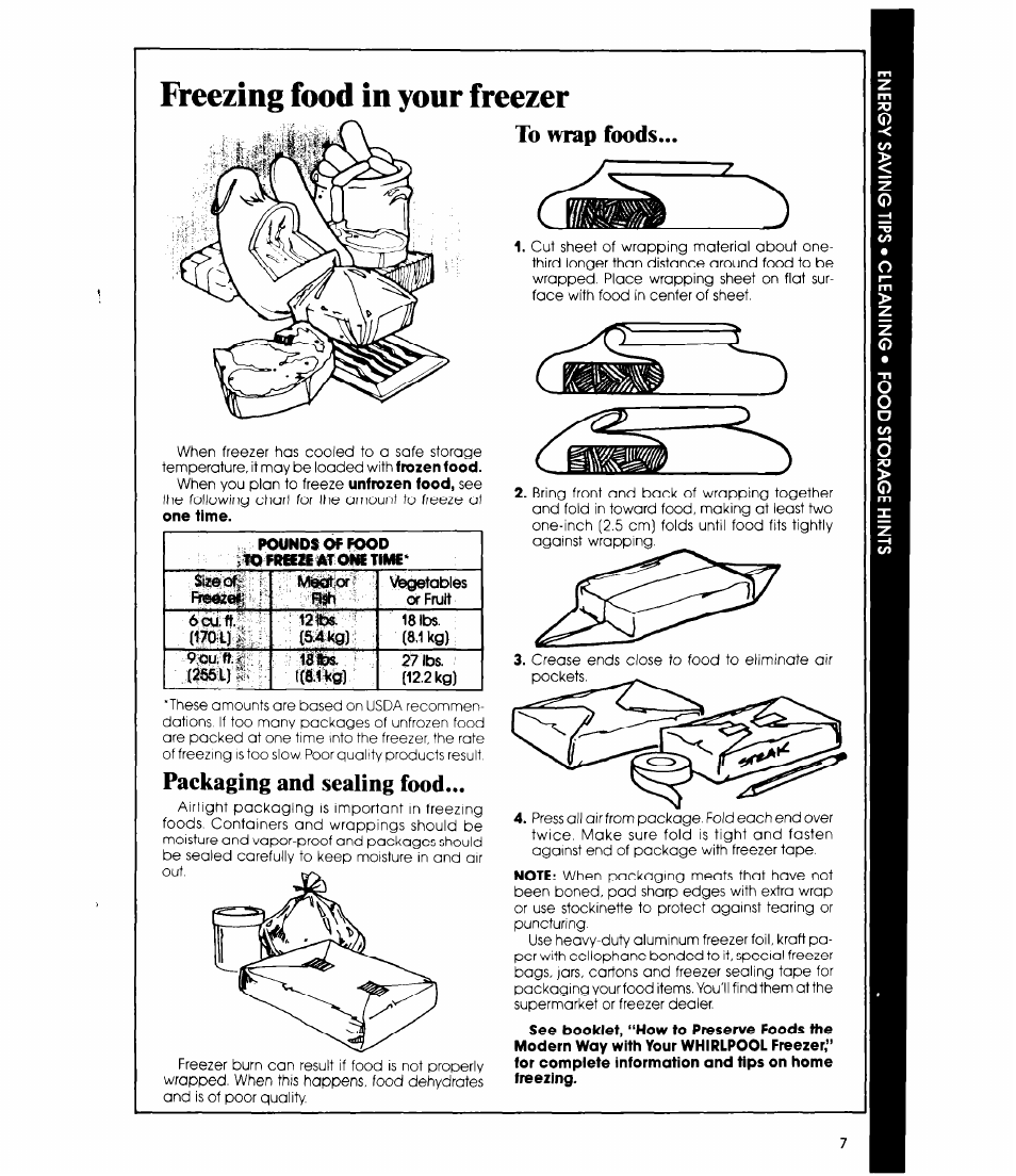To wrap foods, Packaging and sealing food, Packaging and sealing food to wrap foods | Freezing food in your freezer | Whirlpool EHOSOF User Manual | Page 7 / 12