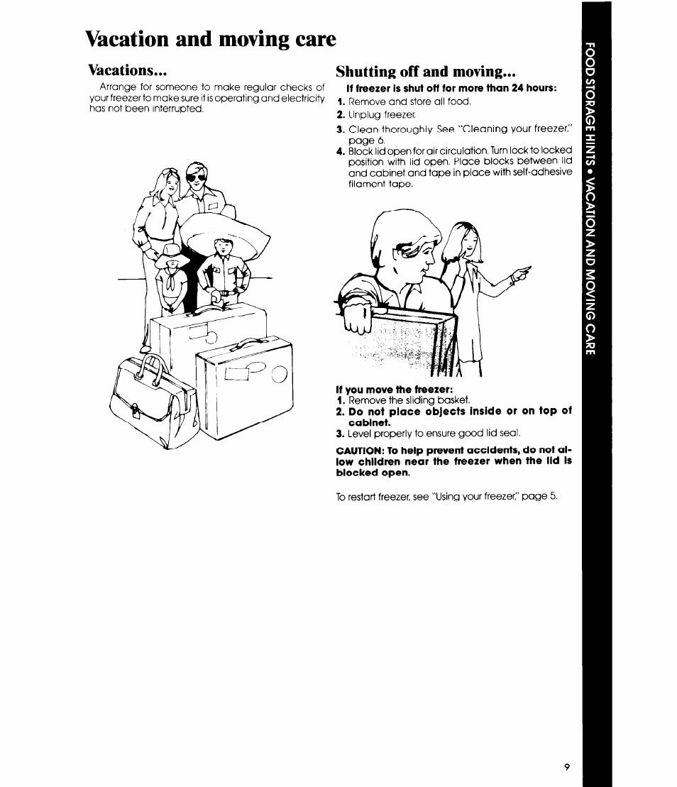 Vacations, Shutting off and moving, Vacations shutting off and moving | Vacation and moving care | Whirlpool EHOSOF User Manual | Page 9 / 12