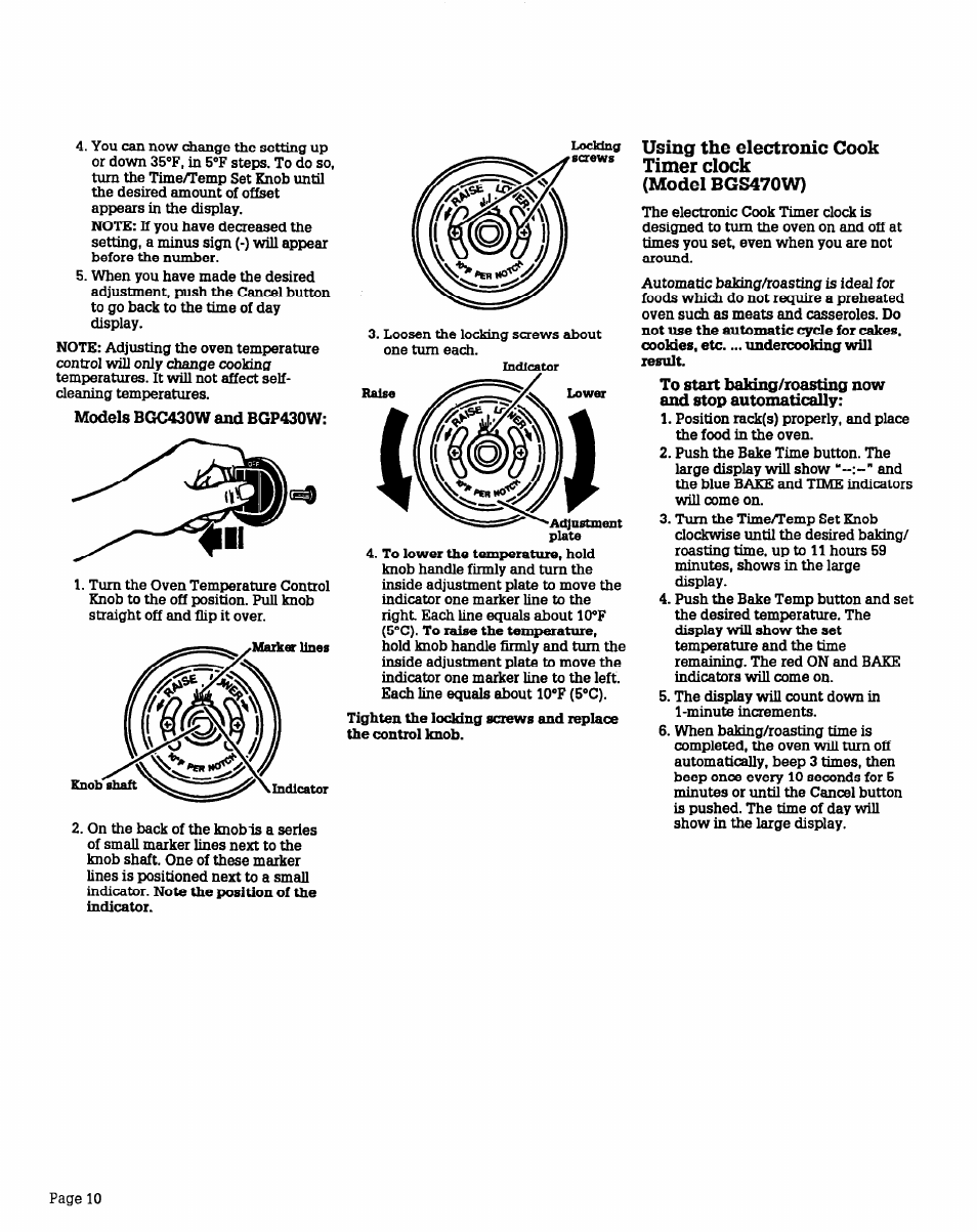 Models bgc430w and bgp430w, To start baldiig/roasting now, And stop automatically | Whirlpool BGS470W User Manual | Page 10 / 20