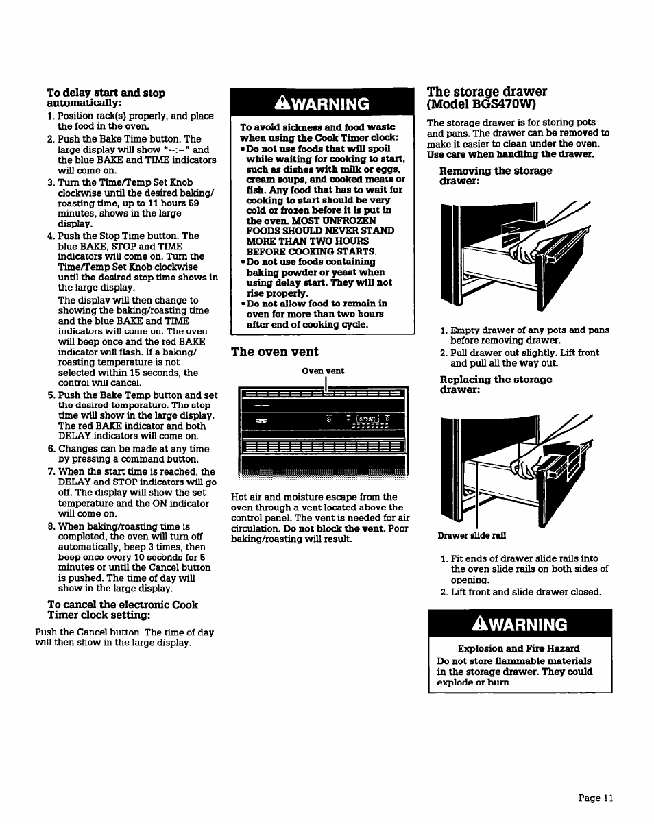 To delay start and stop, Automatically, To cancel the electronic cook timer clock setting | The oven vent, The storage drawer (model bgs470w), Removing the storage drawer, Replacing the storage drawer, Warning | Whirlpool BGS470W User Manual | Page 11 / 20