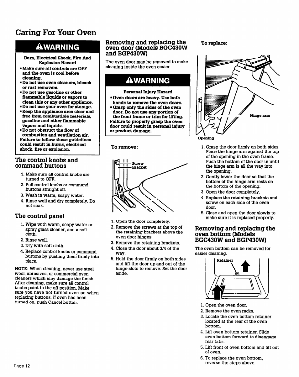 To remove, To replace, Caring for your oven | Á^warning, The control knobs and command buttons, The control panel | Whirlpool BGS470W User Manual | Page 12 / 20