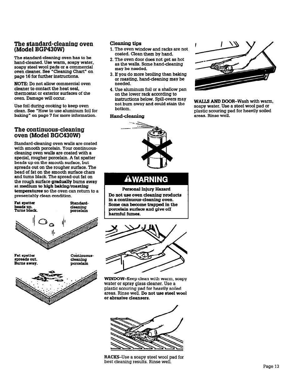 The standard-cleaning oven (model bgp430w), The continuous-cleaning oven (model bgc430w), Cleaning tips | Hand-cleaning | Whirlpool BGS470W User Manual | Page 13 / 20