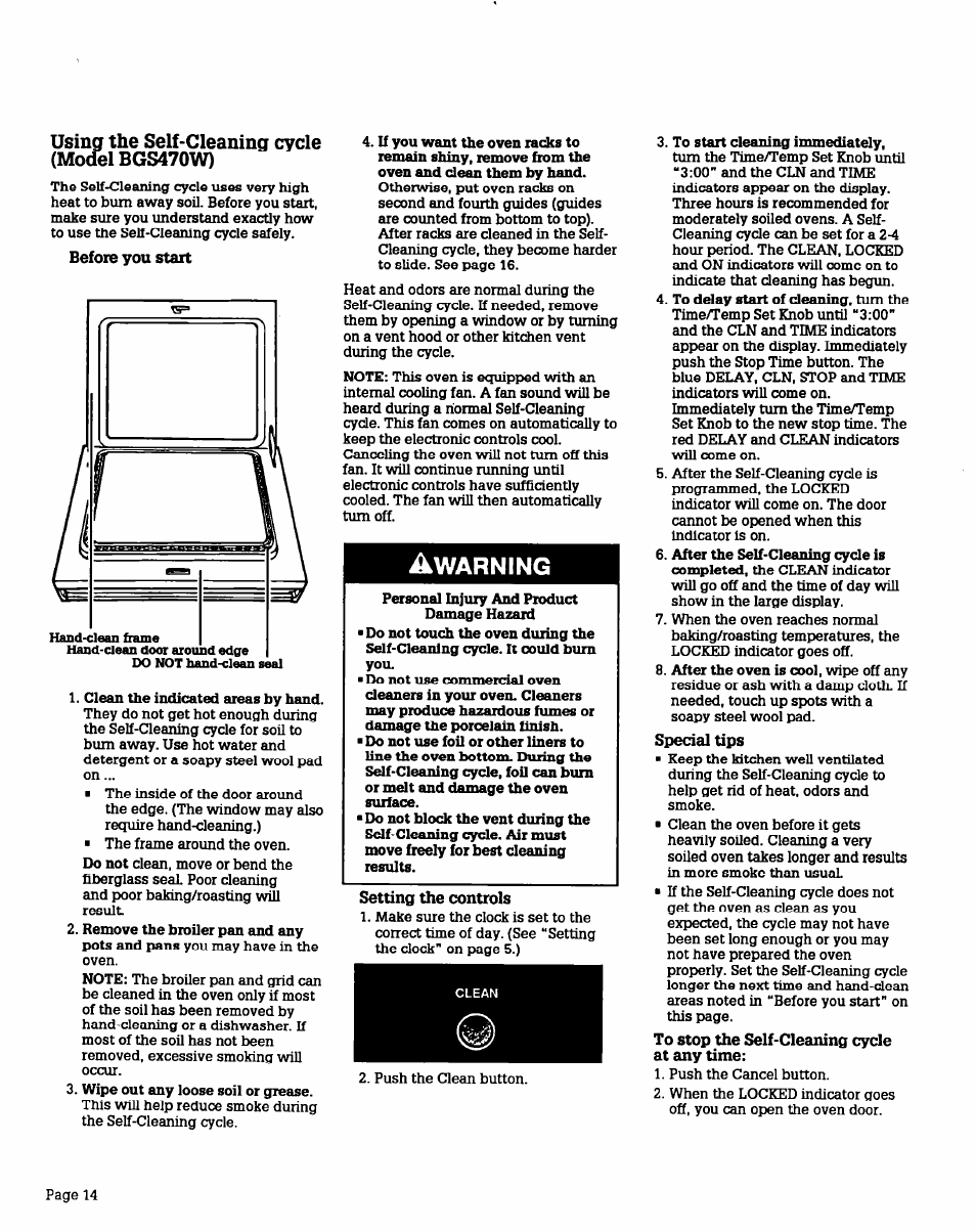 Using the self-cleaning cycle (model bgs470w), Before you start, Setting the controls | Special tips, To stop the self-cleaning cycle, At any time, Warning | Whirlpool BGS470W User Manual | Page 14 / 20