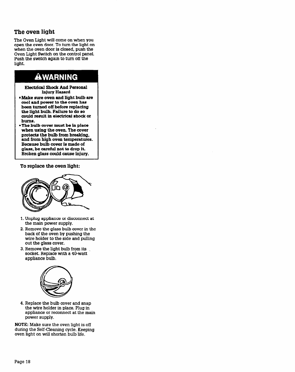 The oven light, To replace the oven light | Whirlpool BGS470W User Manual | Page 18 / 20