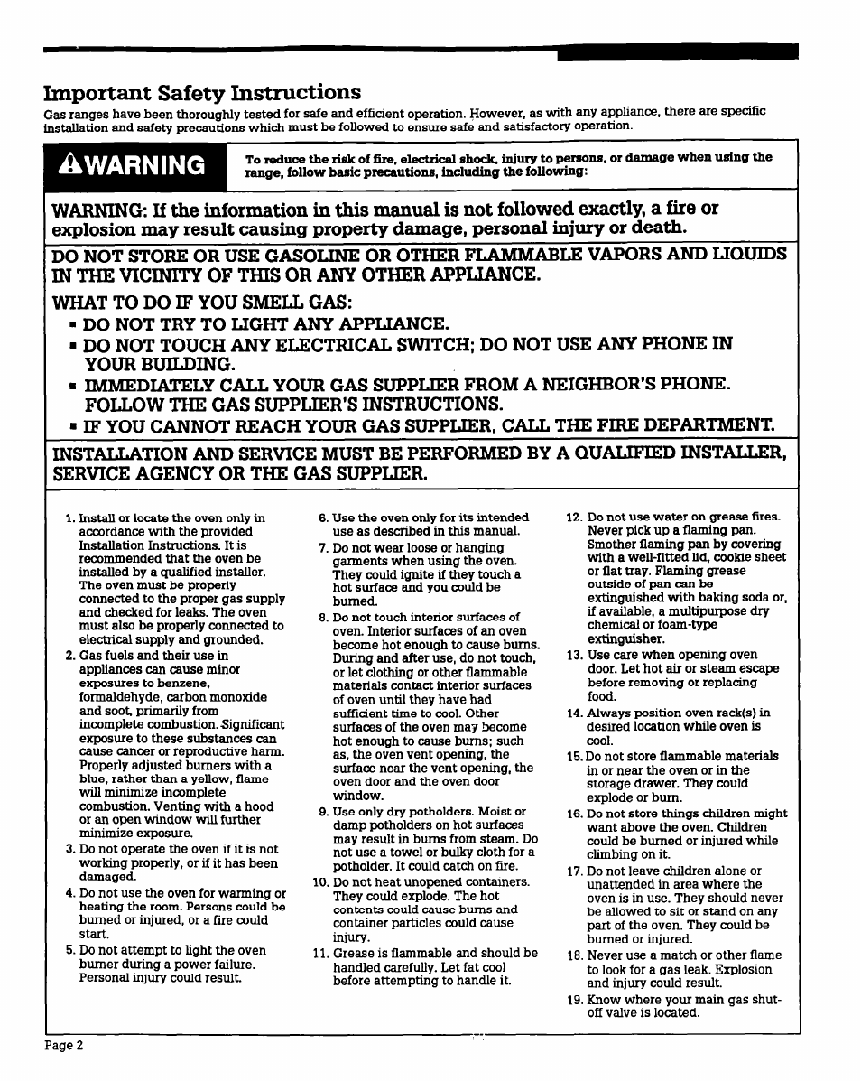 Âwarning, Important safety instructions | Whirlpool BGS470W User Manual | Page 2 / 20