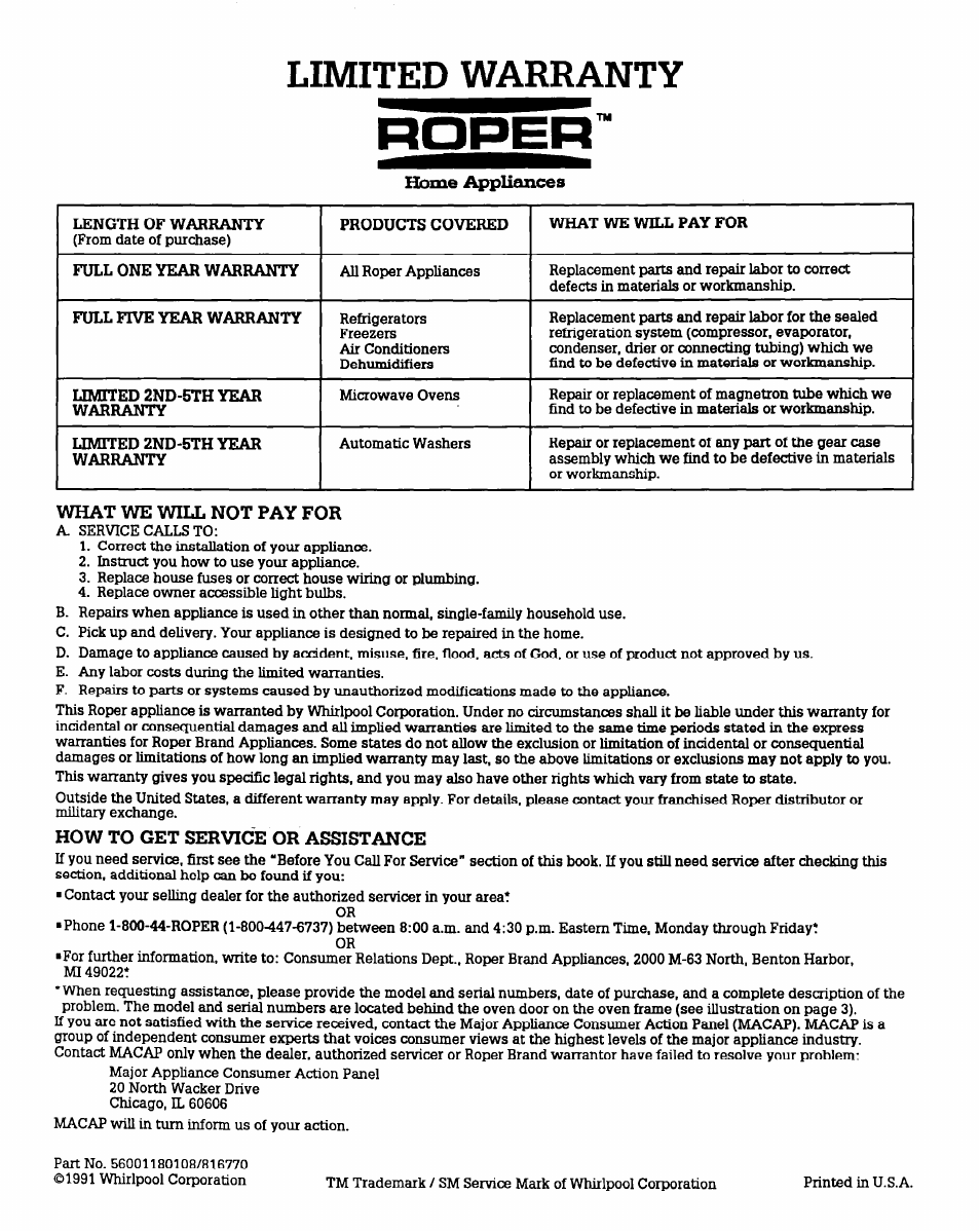 Home appliances, What we will not pay for, How to get service or assistance | Limited warranty | Whirlpool BGS470W User Manual | Page 20 / 20