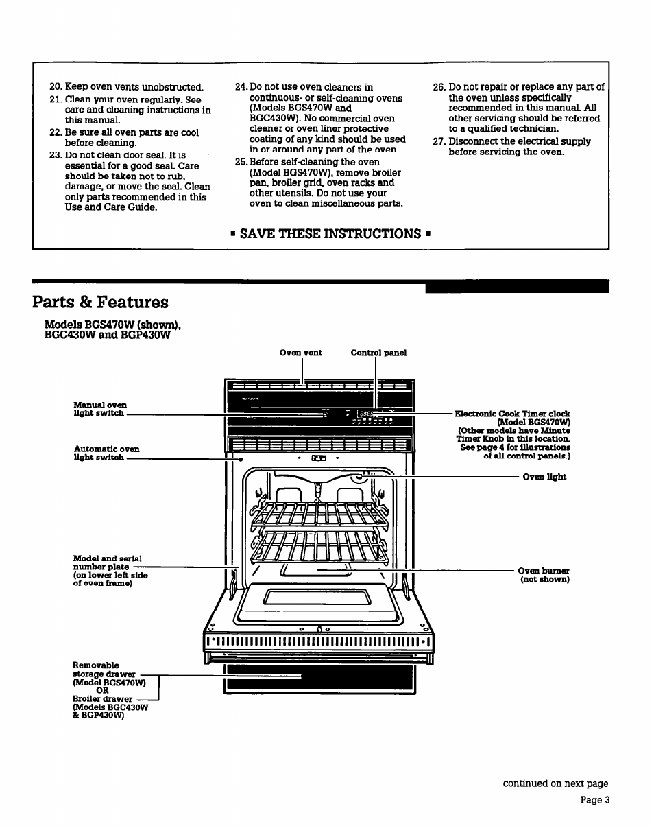 Save these instructions, Models bgs470w (shown), bgc430w and bgp430w, Parts & features | Whirlpool BGS470W User Manual | Page 3 / 20