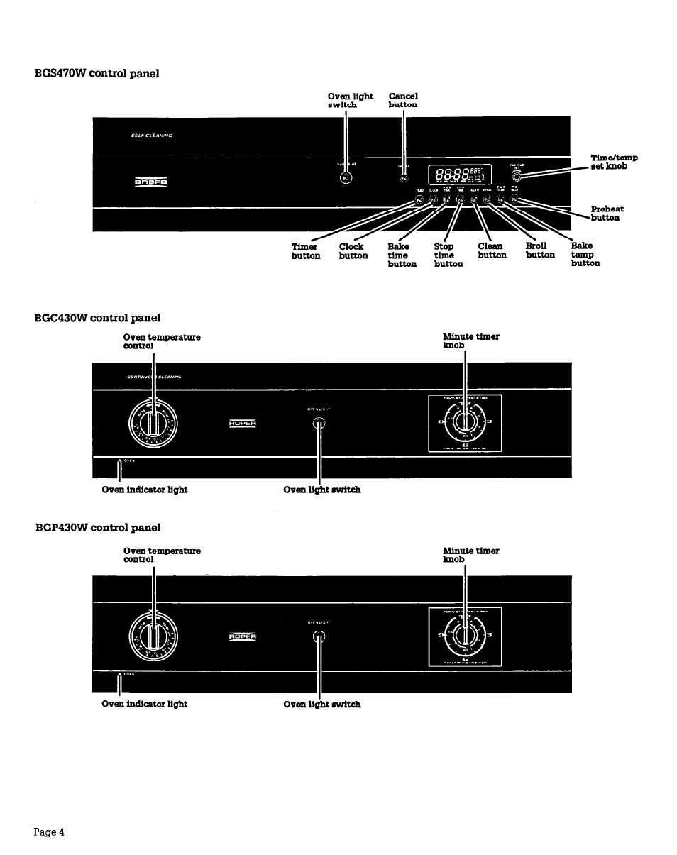 Bgs470w control panel, Bgc430w control panel, Bgp430w control panel | Whirlpool BGS470W User Manual | Page 4 / 20