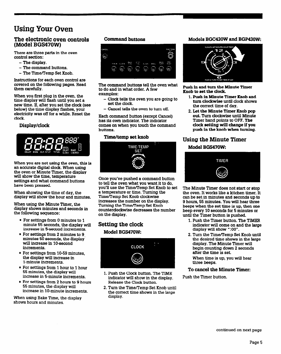 Using your oven, Display/clock, O0-o08ss' u u'u | Time/temp set knob, Model bgs470w, To cancel the minute timer, U u'u, The electronic oven controls (model bgs470w), O0-o08ss, Using the minute timer | Whirlpool BGS470W User Manual | Page 5 / 20