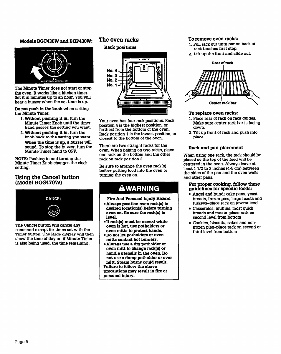 The oven racks, Rack positions, Using the cancel button (model bgs470w) | To remove oven racks, To replace oven racks, Rack and pan placement, Warning | Whirlpool BGS470W User Manual | Page 6 / 20