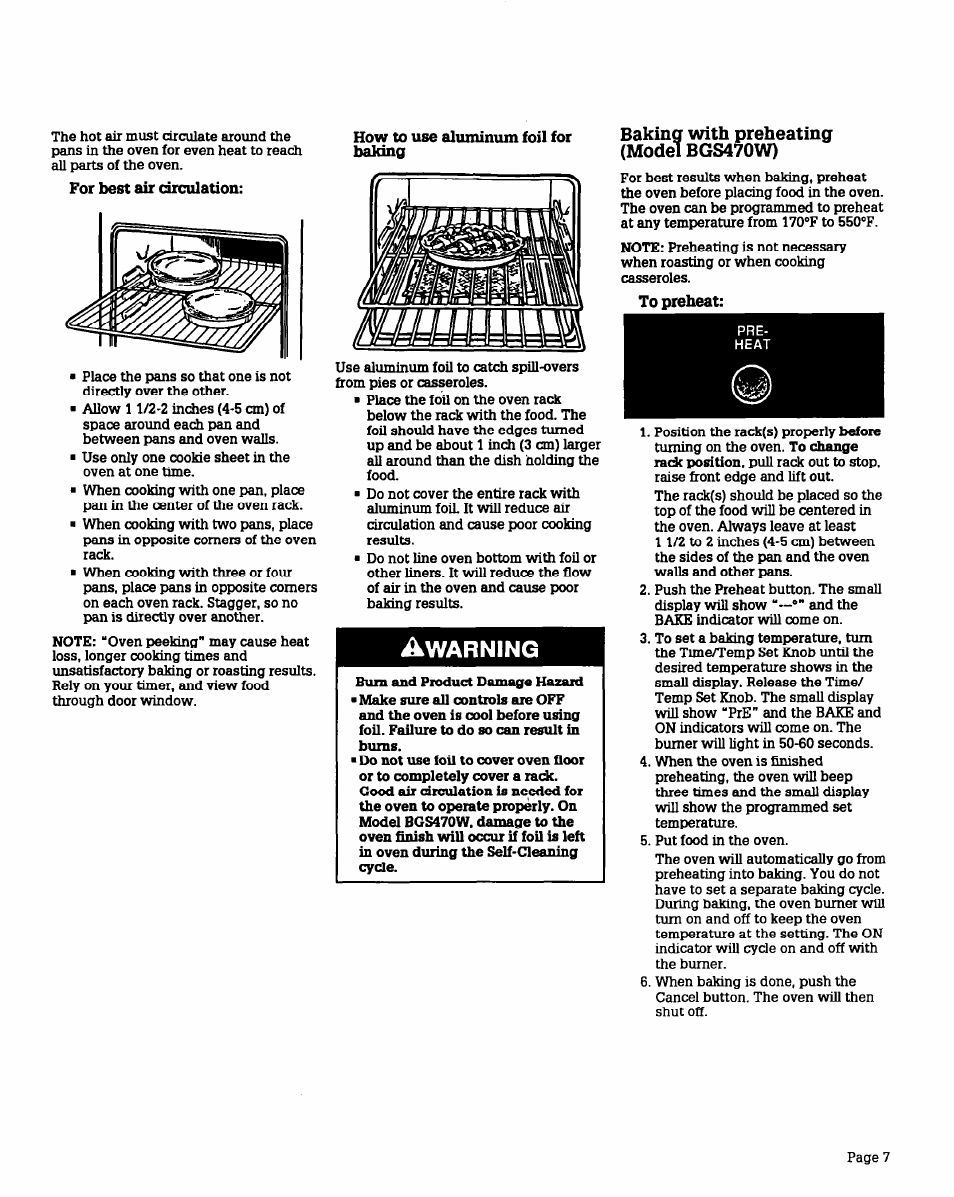 For best air circulation, How to use aluminum foil for balano, Baking with preheating (model bgs470w) | To preheat, Warning | Whirlpool BGS470W User Manual | Page 7 / 20