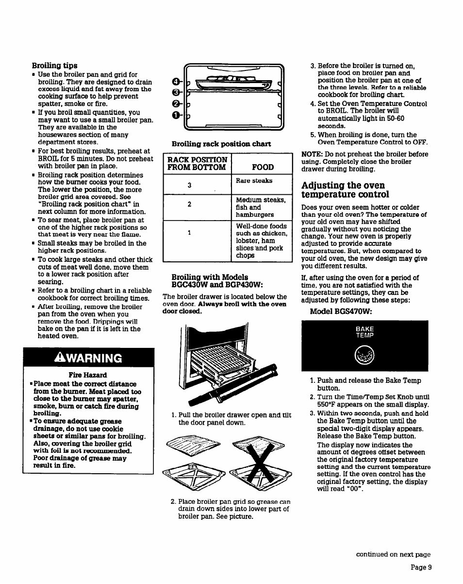 Broiling tips, Broiling with models bgc430w and bgp430w, Adjusting the oven temperature control | Model bgs470w, Warning | Whirlpool BGS470W User Manual | Page 9 / 20