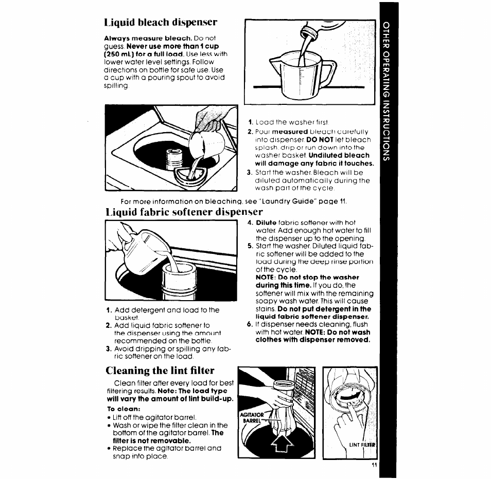 Liquid bleach disperlser, Liquid fabric softener dispenser, Cleaning the lint filter | Whirlpool LA6300XP User Manual | Page 11 / 16