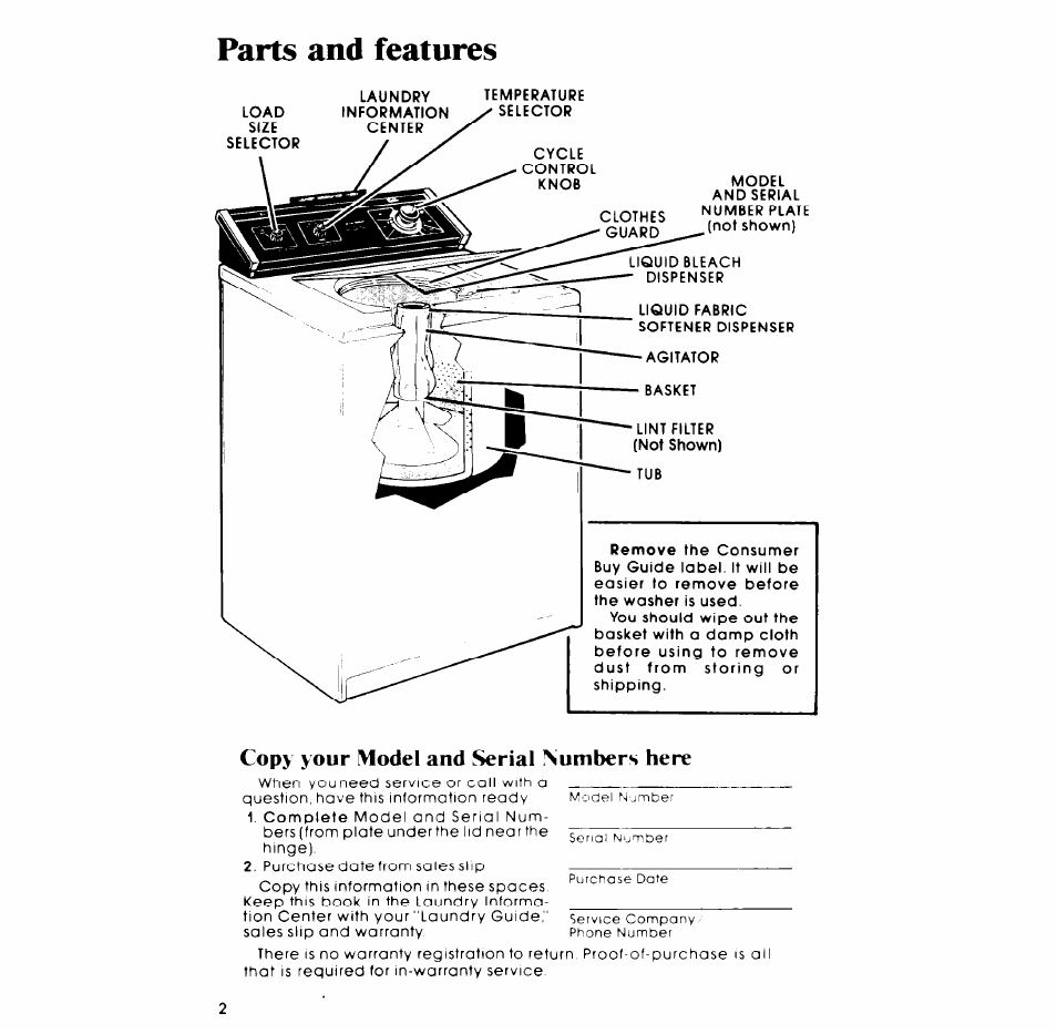 Parts and features, Copy your model and serial !\umbers here | Whirlpool LA6300XP User Manual | Page 2 / 16