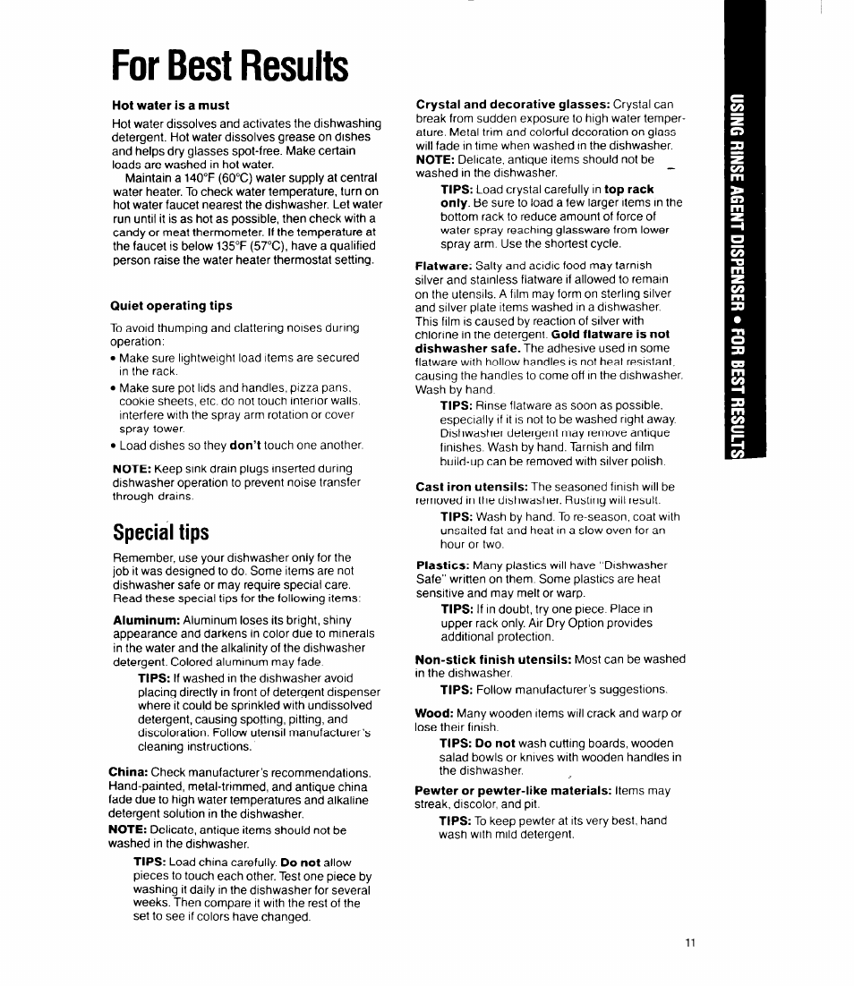 Hot water is a must, Quiet operating tips, Special tips | For best results | Whirlpool 8400 Series User Manual | Page 11 / 16