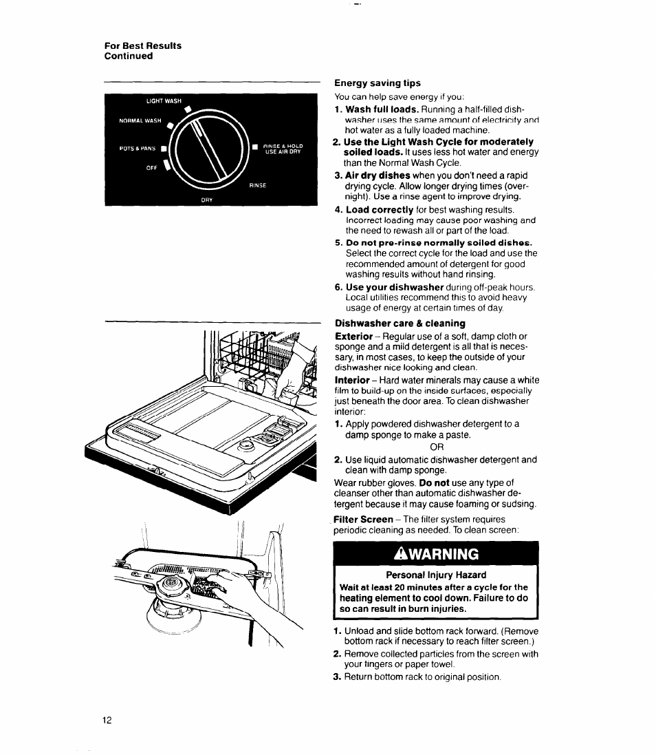 For best results continued, Energy saving tips, Warning | Whirlpool 8400 Series User Manual | Page 12 / 16