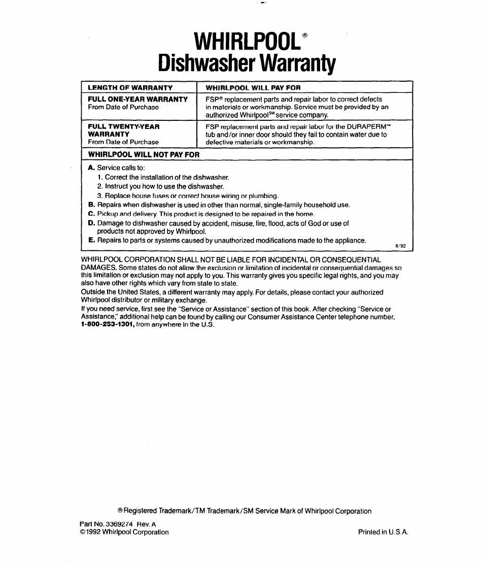 Whirlpool^ dishwasher warranty, Whirlpool dishwasher warranty | Whirlpool 8400 Series User Manual | Page 16 / 16