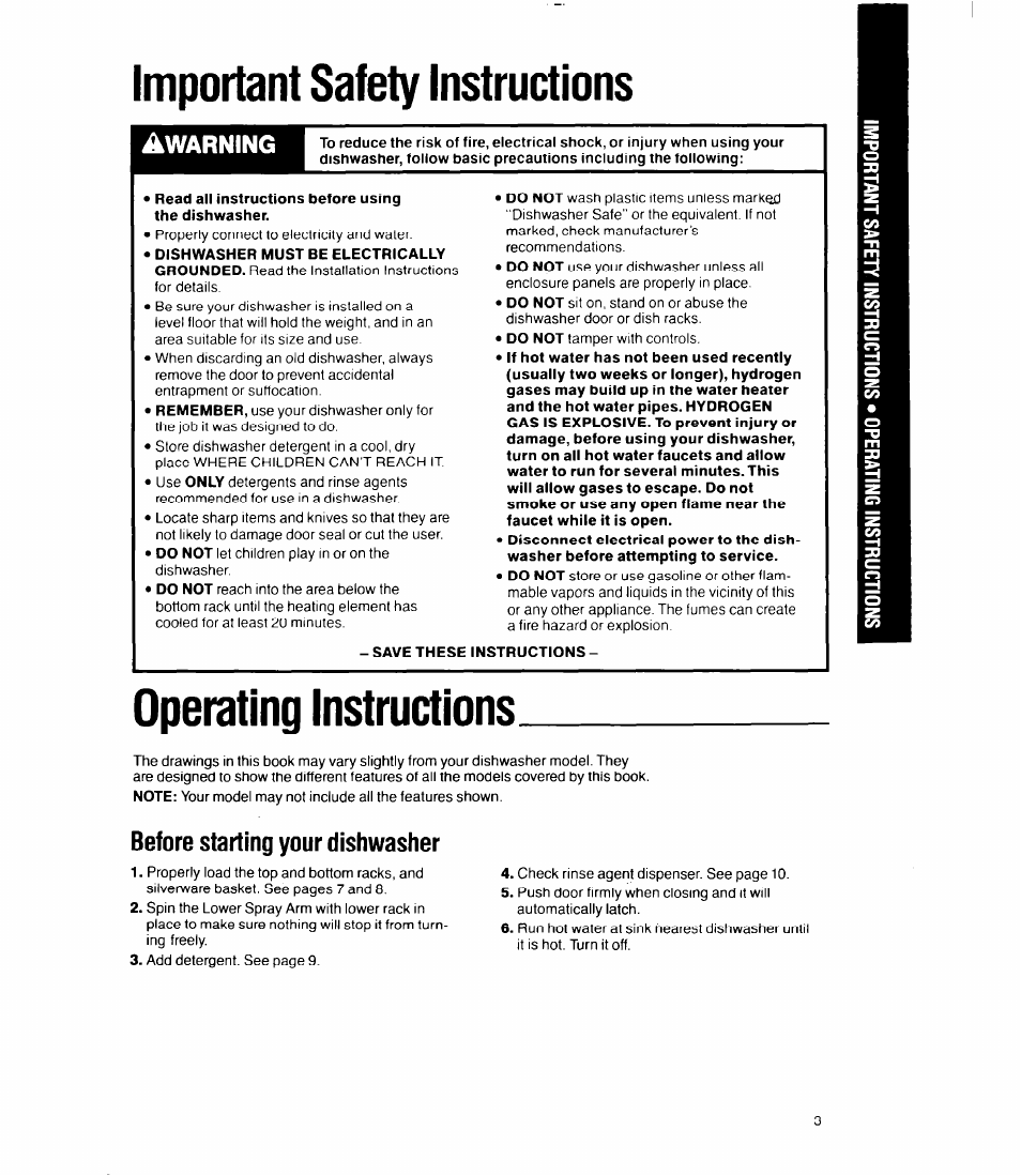 Important safety instructions, Read all instructions before using the dishwasher, Save these instructions | Operating instructions, Before starting your dishwasher, Warning | Whirlpool 8400 Series User Manual | Page 3 / 16