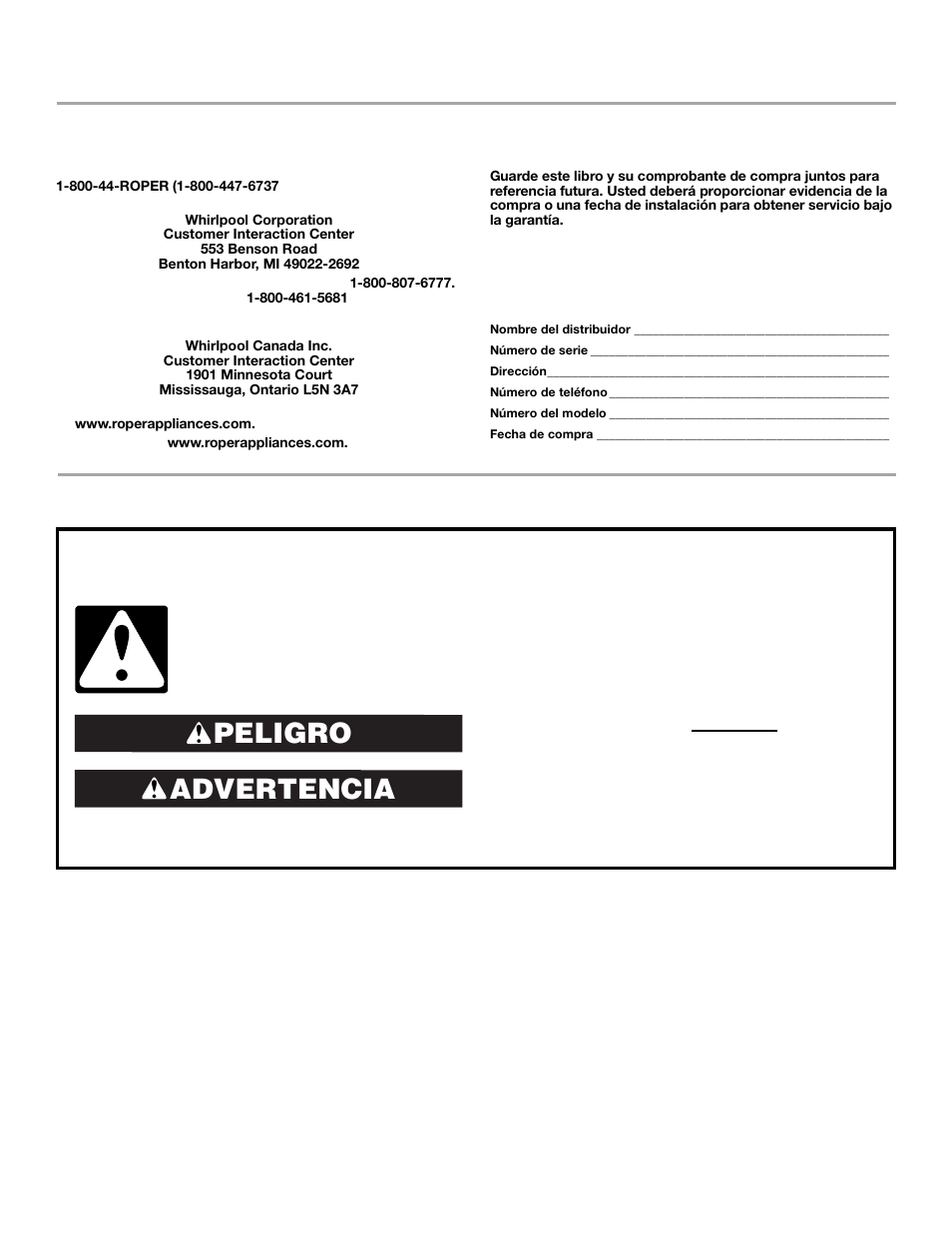 Manual de uso y cuidado del refrigerador, Seguridad del refrigerador, Advertencia peligro | Ayuda o servicio técnico | Whirlpool 2302076 User Manual | Page 12 / 36