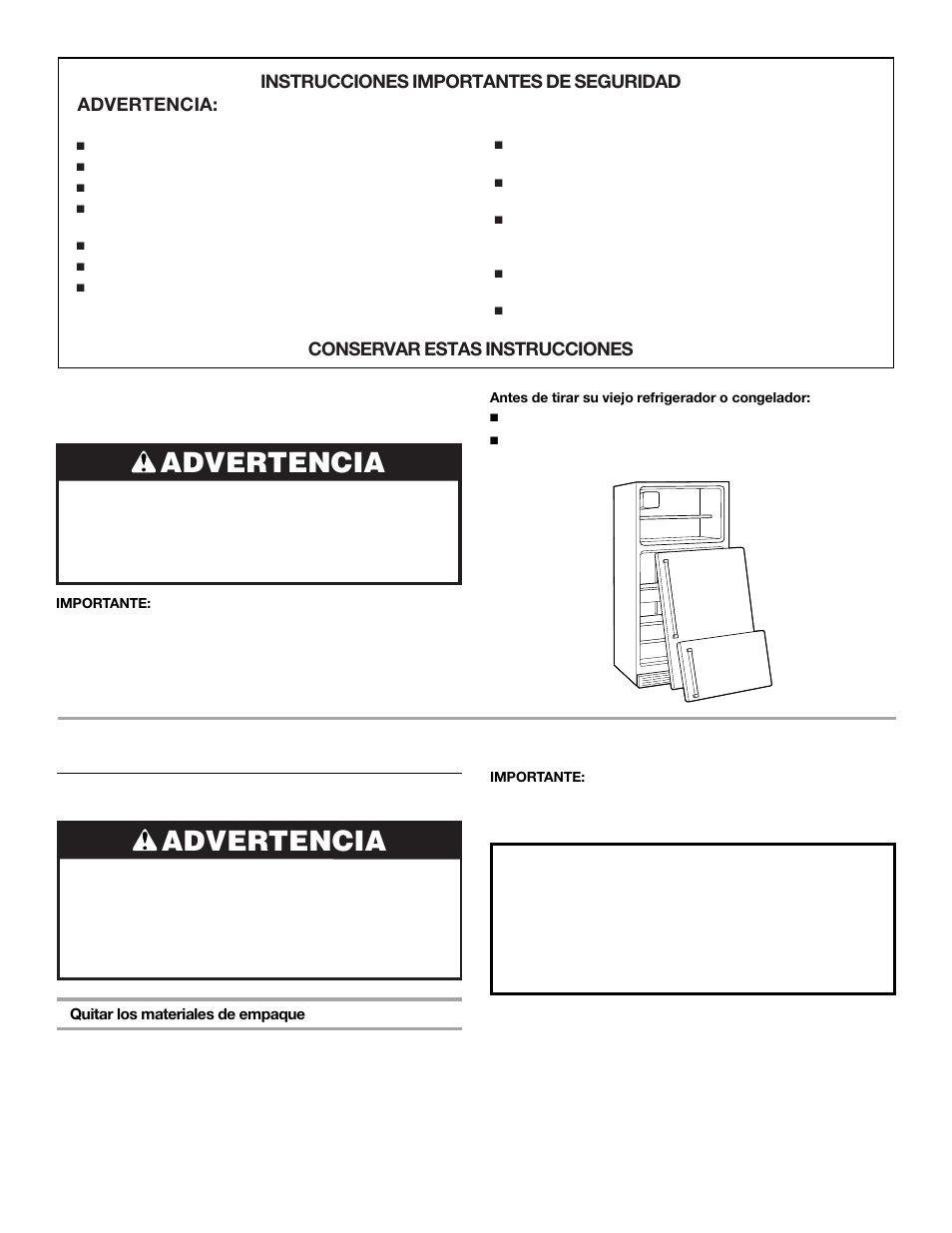 Instrucciones de instalación, Advertencia, Desempaque el refrigerador | Whirlpool 2302076 User Manual | Page 13 / 36