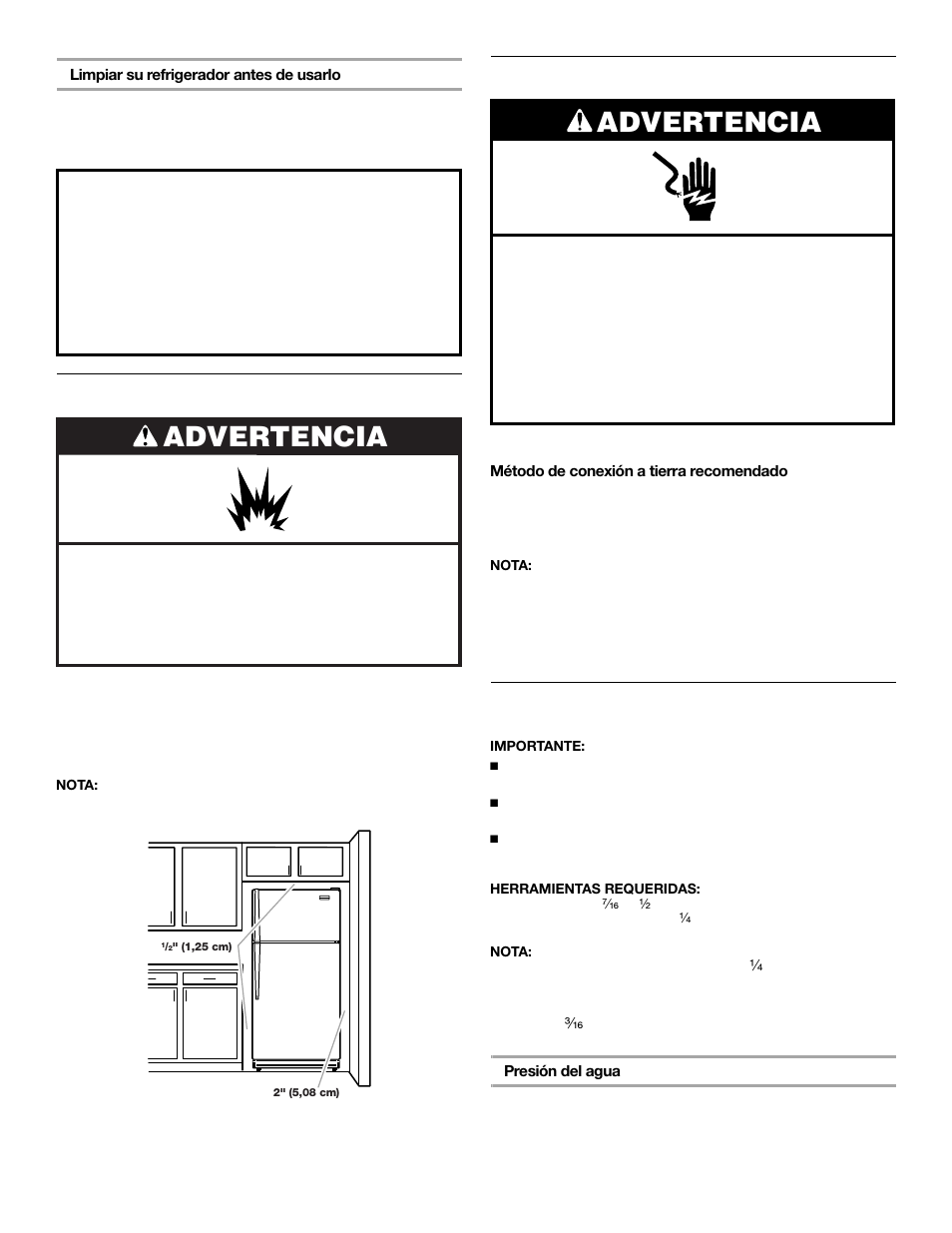 Advertencia, Requisitos de ubicación, Requisitos eléctricos | Requisitos del suministro de agua | Whirlpool 2302076 User Manual | Page 14 / 36